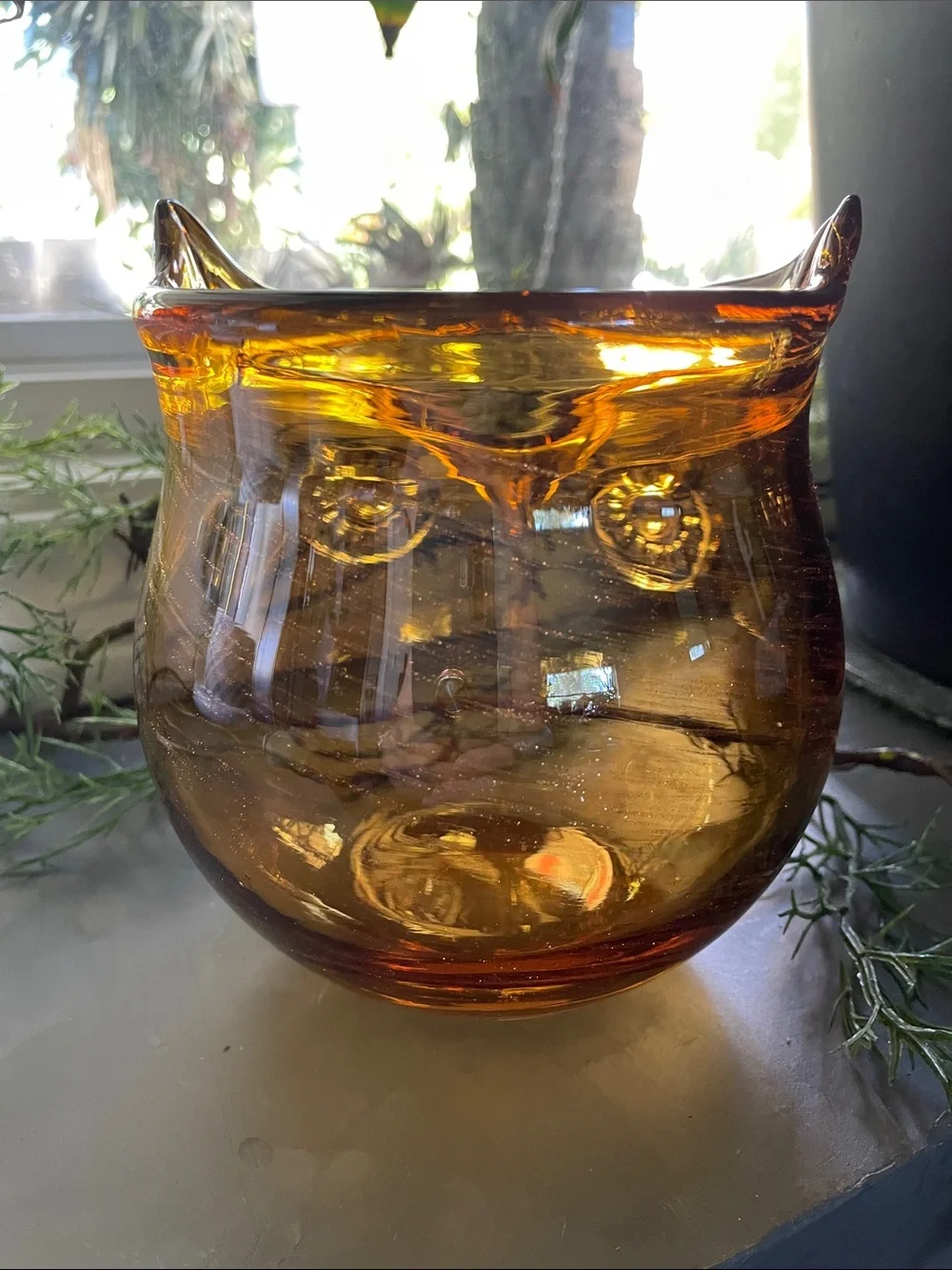 Pier 1 Artist Collection Amber Handblown Glass Owl Vase Gold Swirls Mid Century